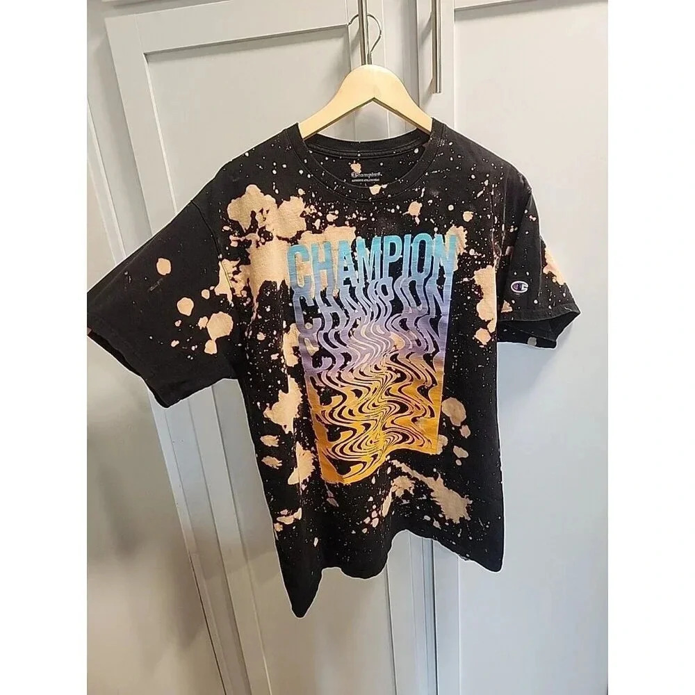 Champion Men's Melting Script Graphic Logo Tee Shirt Custom Bleach Dye Sz L